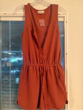 Waffle Knit Rust Sleeveless Romper with Drawstring Waist